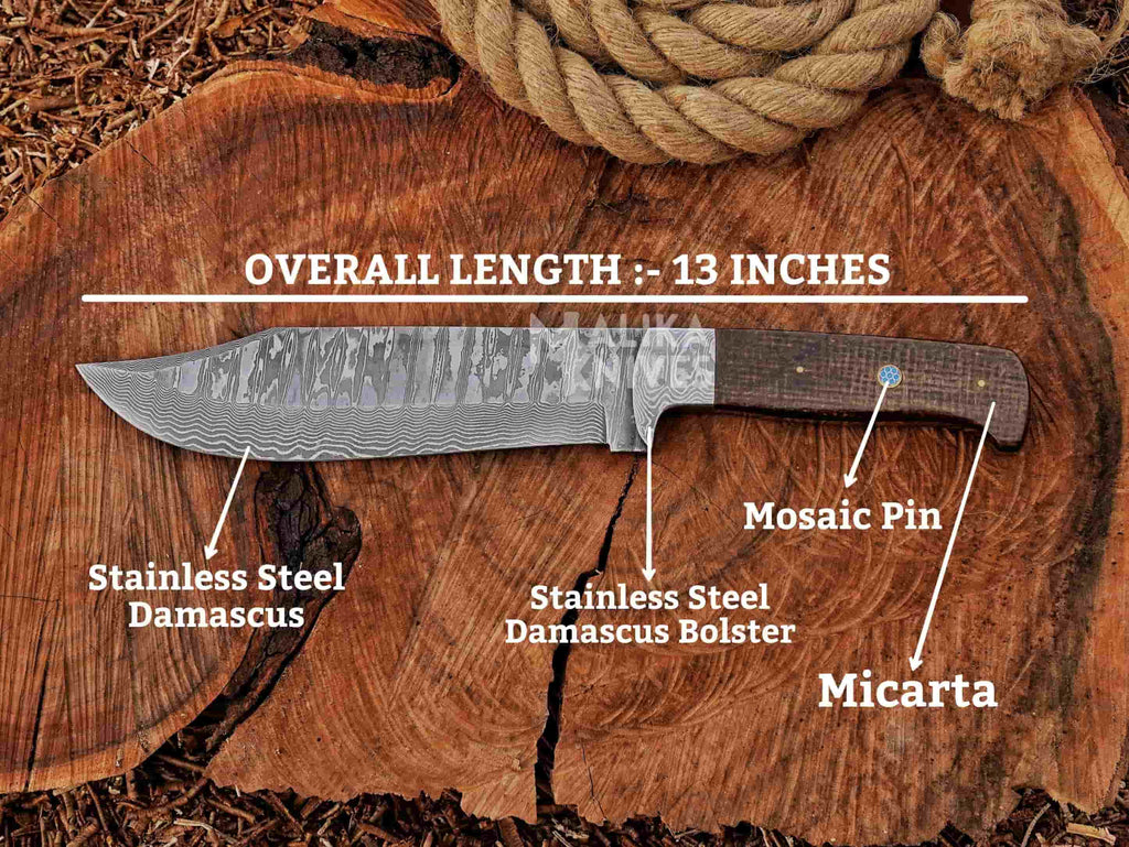 Stainless Damascus Hunting Knife with Leather Sheath.