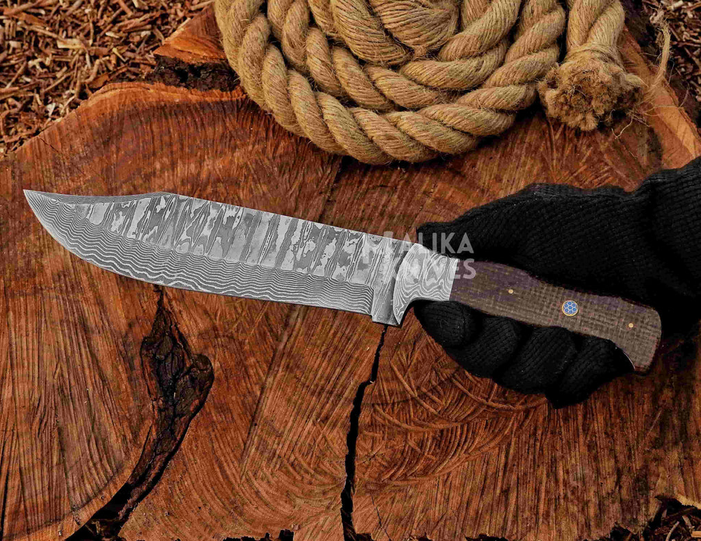 Stainless Damascus Hunting Knife with Leather Sheath.