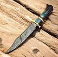 Handmade Damascus Bowie Knife with colored bone handle and detailed blade, crafted by Damascus Knife Store.