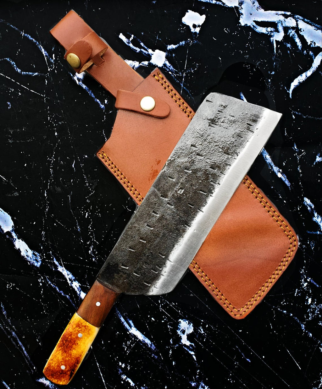 Titan Heavy Duty Carbon Steel Cleaver with burnt camel bone and walnut handle, designed for meat chopping and heavy-duty use