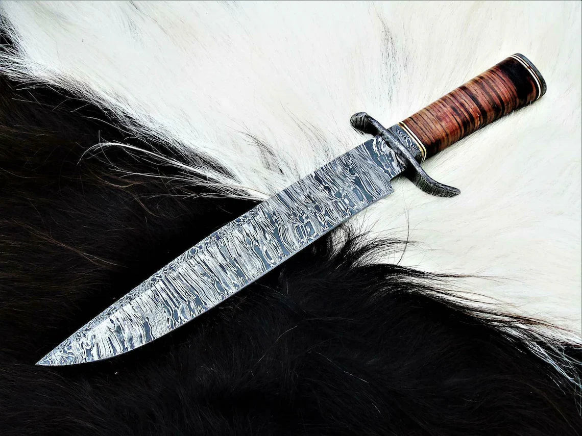 Exquisite Custom Handmade Damascus Steel Hunting Bowie Knife - 15" Blade, Damascus Steel Guard, Premium Leather Handle & Sheath