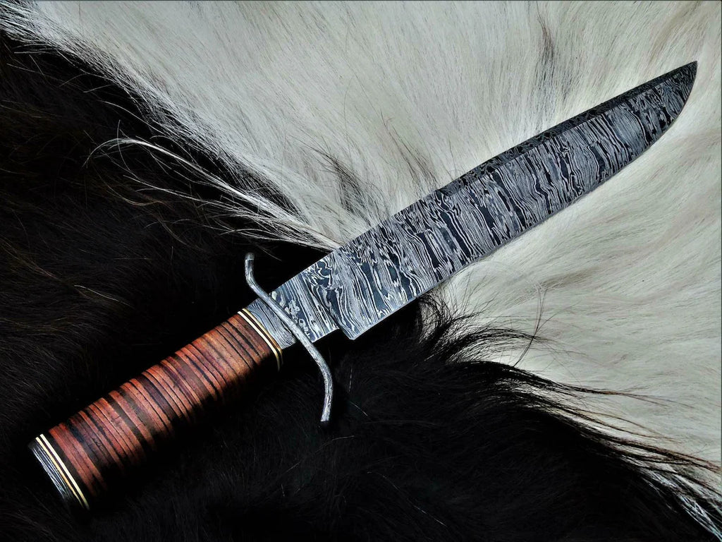 Exquisite Custom Handmade Damascus Steel Hunting Bowie Knife - 15" Blade, Damascus Steel Guard, Premium Leather Handle & Sheath