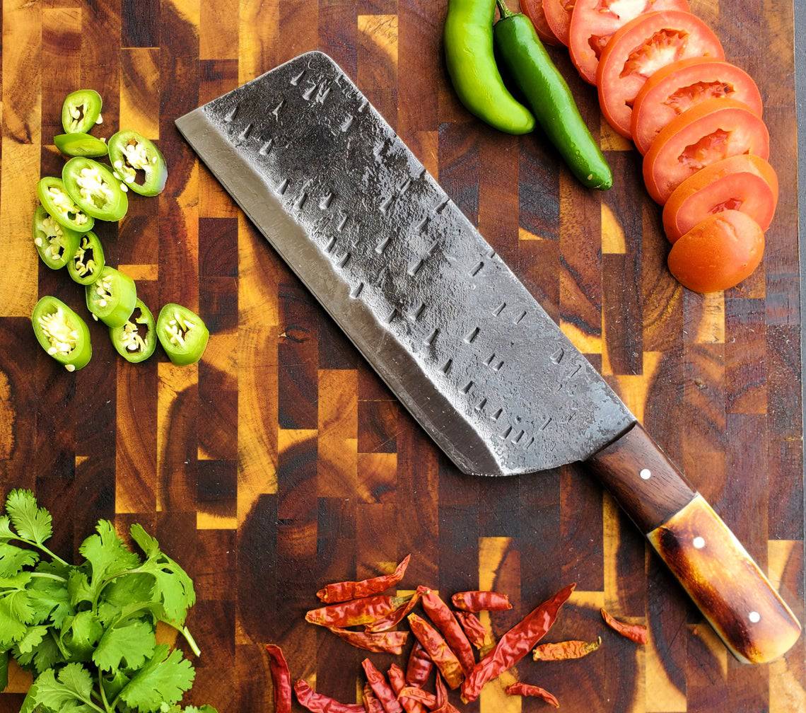 Heavy duty carbon steel meat cleaver with burnt camel bone and walnut handle by Titan International K.