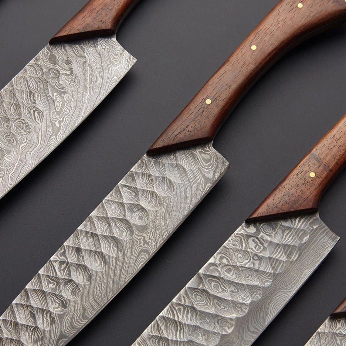 Premium Custom Handmade Damascus Kitchen Knives Set – Rosewood Handles & Leather Roll Kit