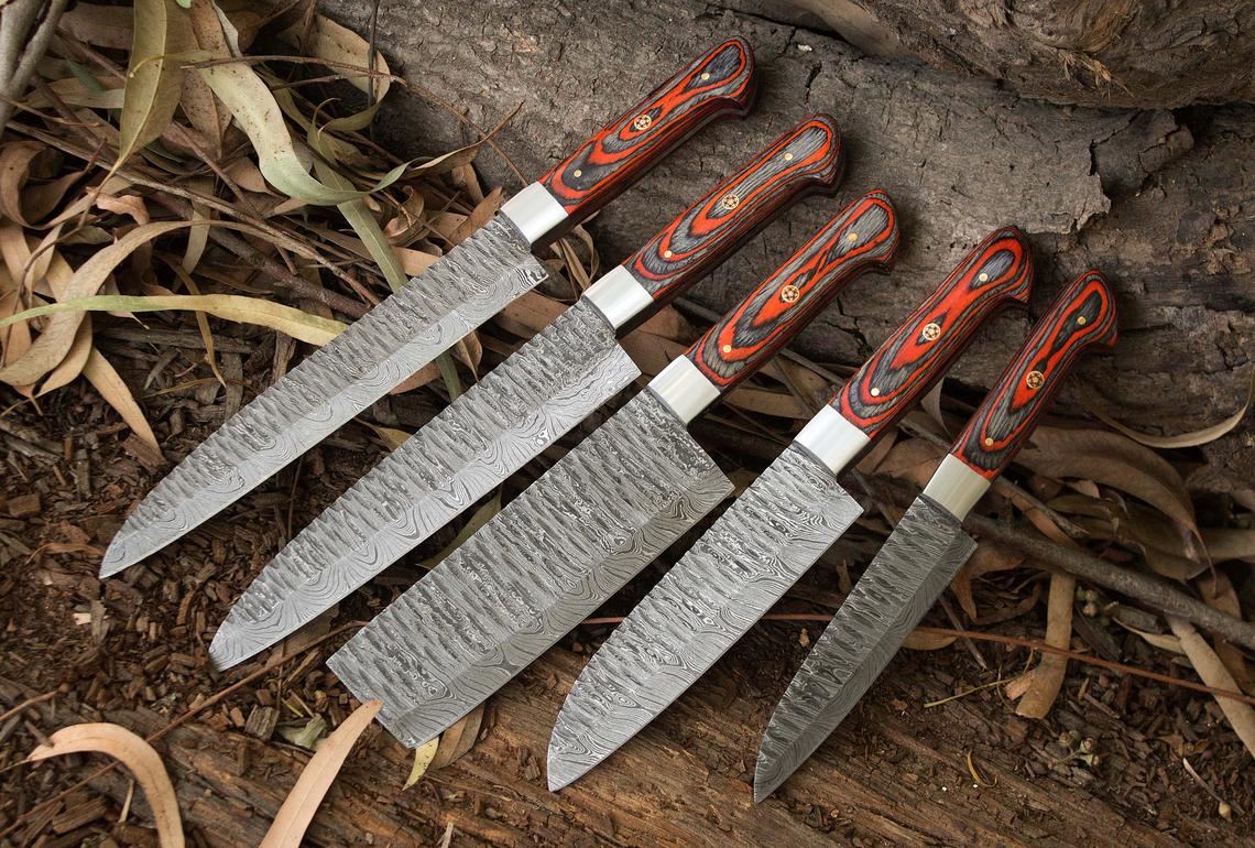 Custom Handmade Damascus Kitchen Knives Set – Exotic Wood Handles with Steel Bolsters and Leather Roll Kit