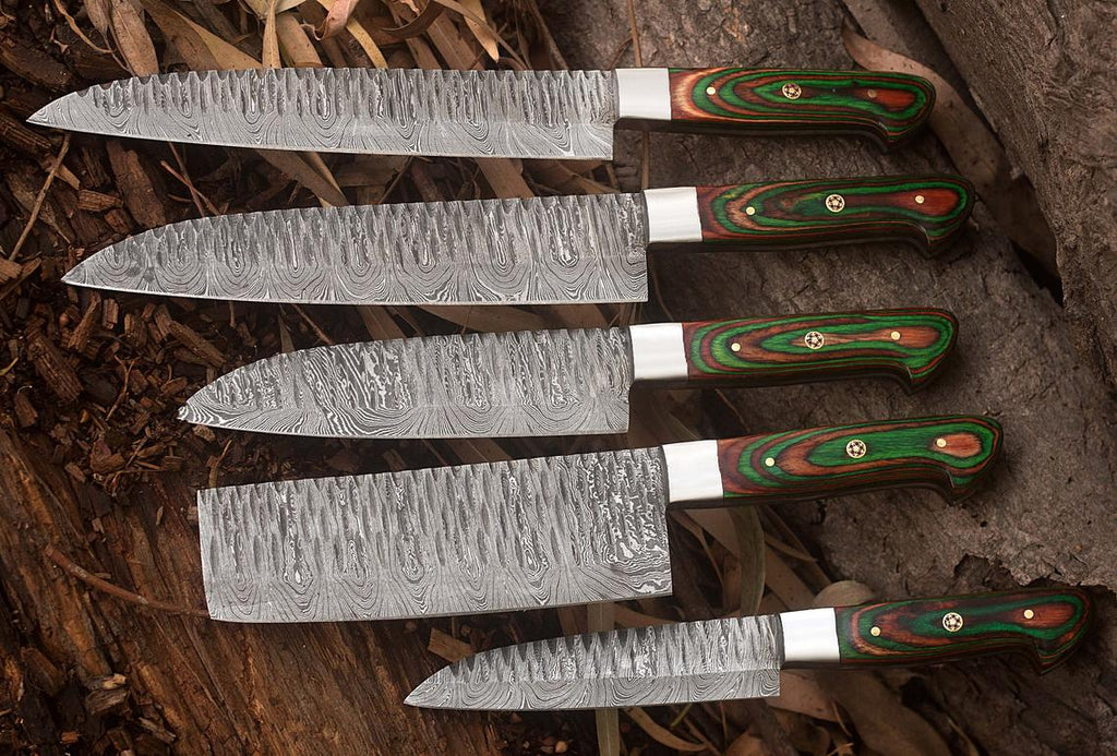 Custom Handmade Damascus Kitchen Knives Set - 10.5 to 13 Inch Blades with Exotic Wood Handles
