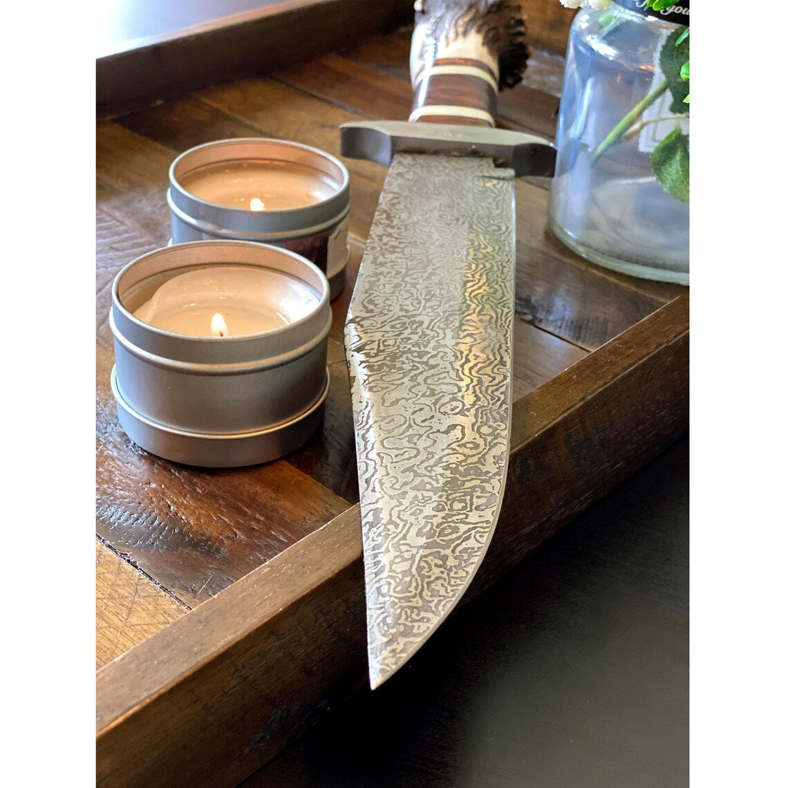 Custom handmade Damascus steel Bowie knife with stag crown handle, rosewood guard, and leather sheath by Knives Gear Garage
