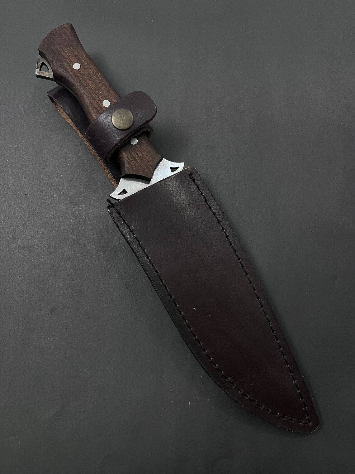 J2 Steel hunting Bowie knife with rosewood handle and leather sheath, outdoor survival knife by Knives Gear Garage