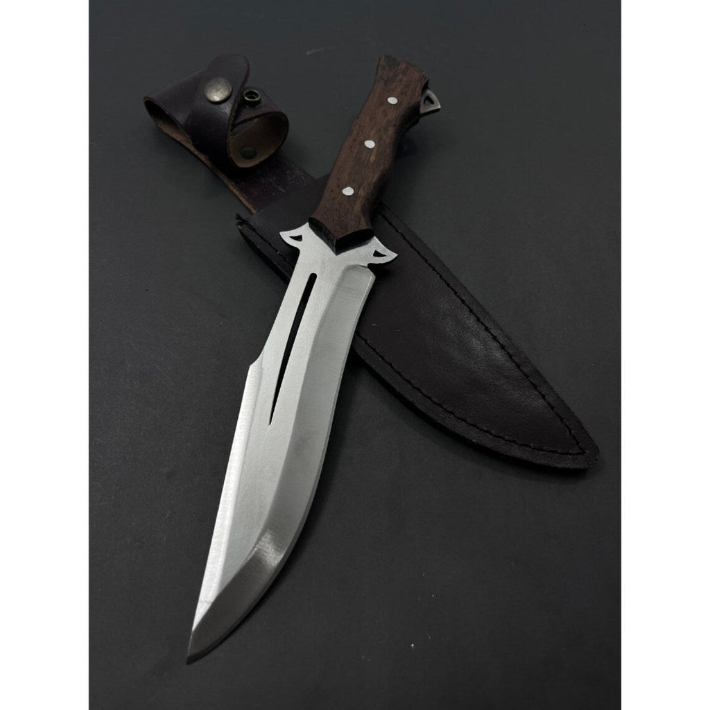 J2 Steel Hunting Bowie Knife with rosewood handle and leather sheath, outdoor knife suited for hunting and camping.