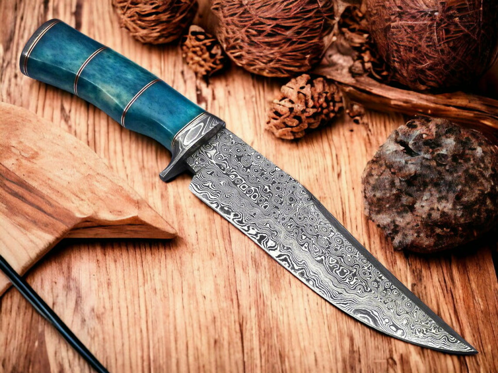 Exquisite Custom Handmade Damascus Steel Bowie Knife – 15” with Camel Bone Handle, Damascus Steel Guard & Leather Sheath