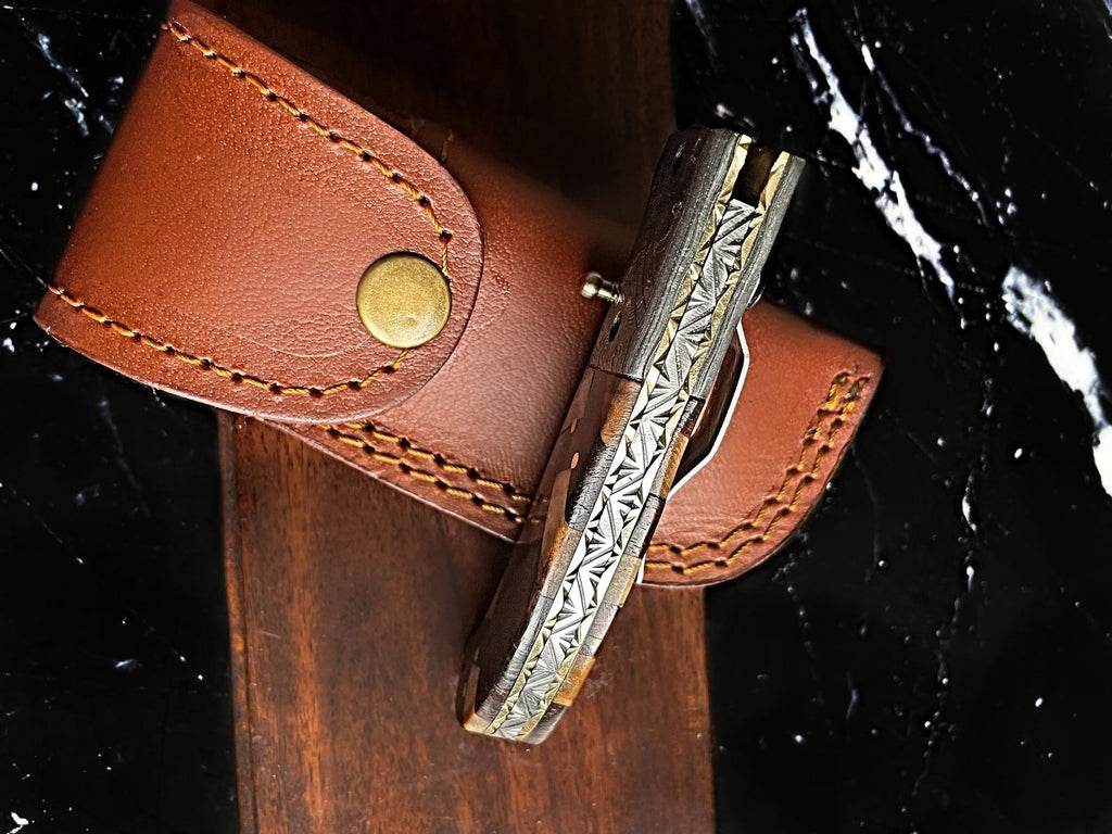 Custom Checkered Titan classico - Raindrop Damascus folding blade/ EDC/ Checkered (Walnut & Olive)  TF-001Y