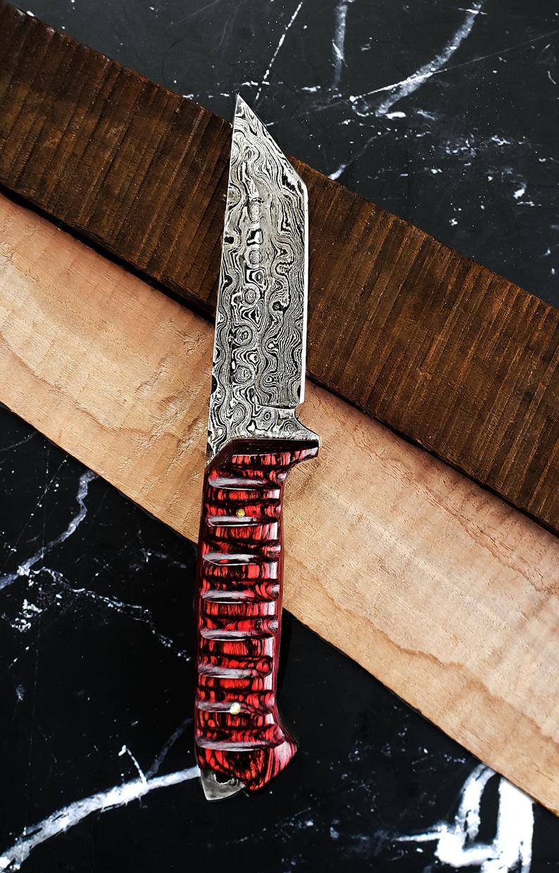 Titan Diver Damascus steel EDC knife with cherry wood handle, model TD-275, by Titan International K, showing the blade and handle details.
