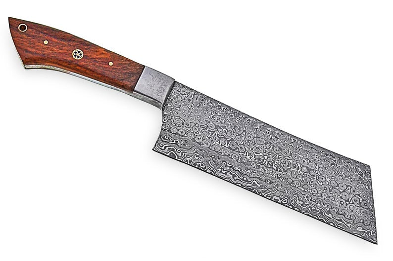 Handmade Damascus Cleaver Knife – 12" Rosewood Handle with Leather Sheath