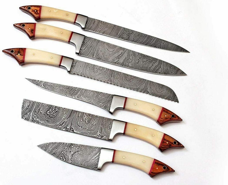 Custom Handmade Real Damascus Knife – 13” with Camel Bone or Pakka Wood Handle, Steel Bolster & Leather Roll Kit