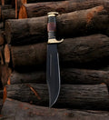 Custom handmade J2 Steel coated crocodile Bowie knife with leather handle, brass guard, and leather sheath by Knives Gear Garage
