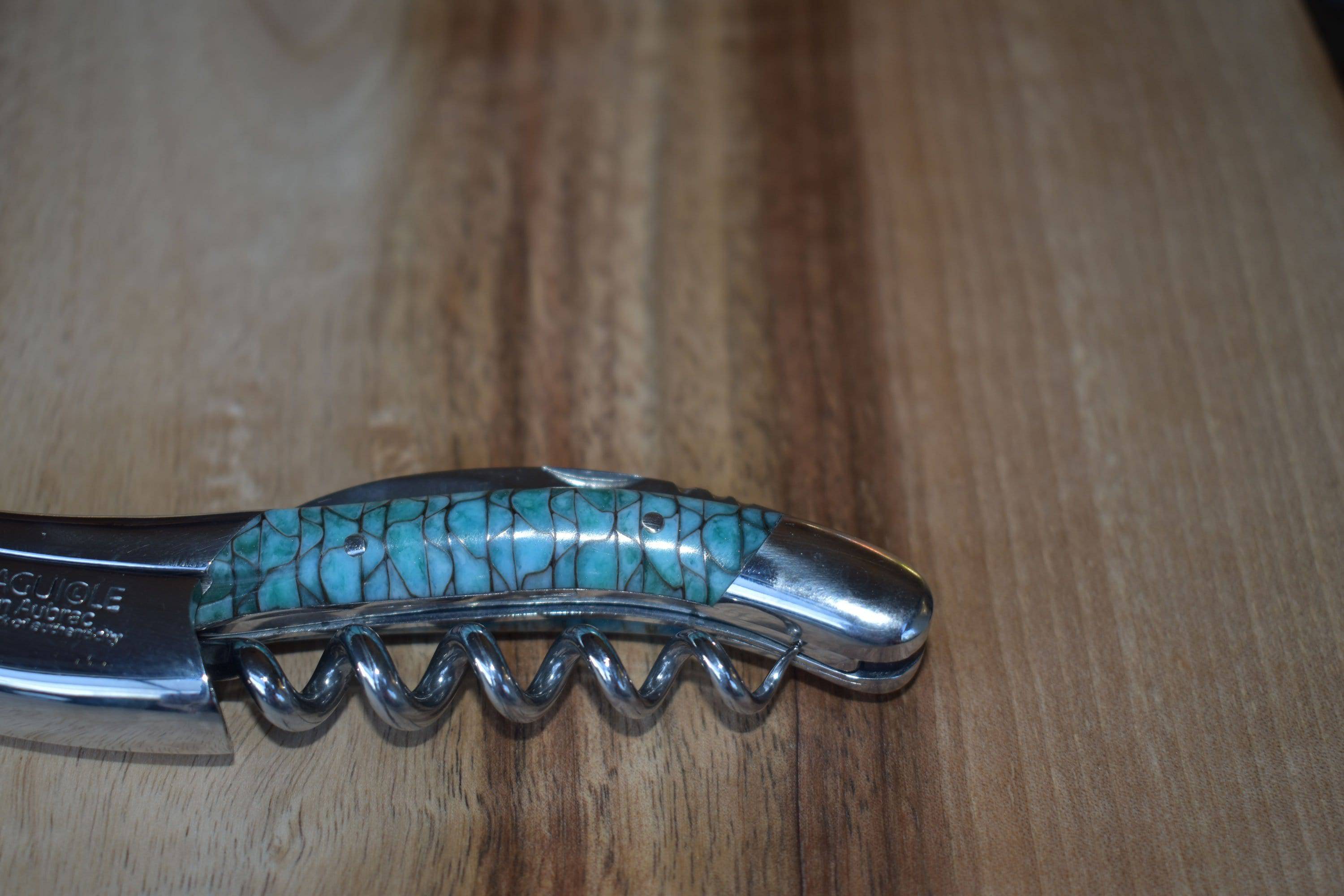 Handcrafted Sommelier Waiter's Corkscrew with Turquoise And Black Paper Waves Handle by Laguiole en Aubrac
