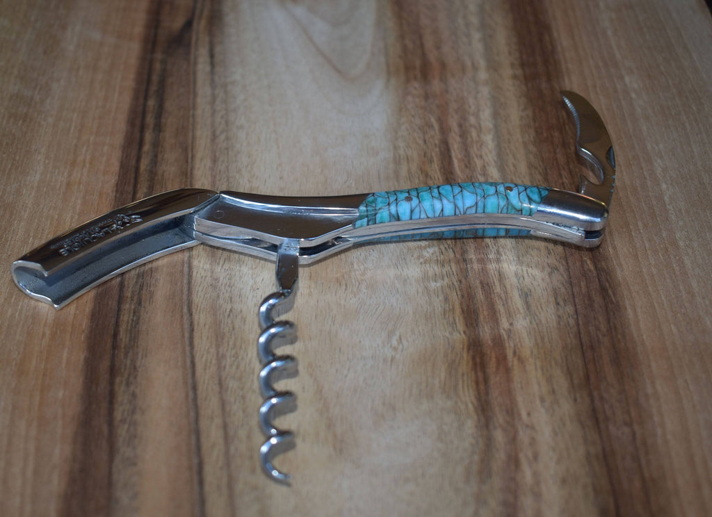 Handcrafted Sommelier Waiter's Corkscrew with Turquoise And Black Paper Waves Handle by Laguiole en Aubrac
