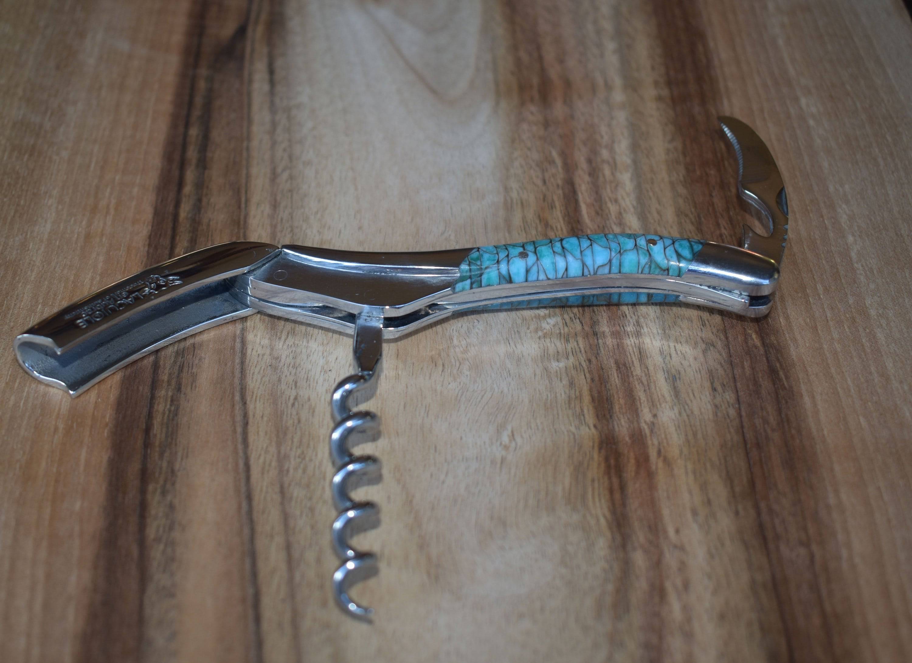 Handcrafted Sommelier Waiter's Corkscrew with Turquoise And Black Paper Waves Handle by Laguiole en Aubrac