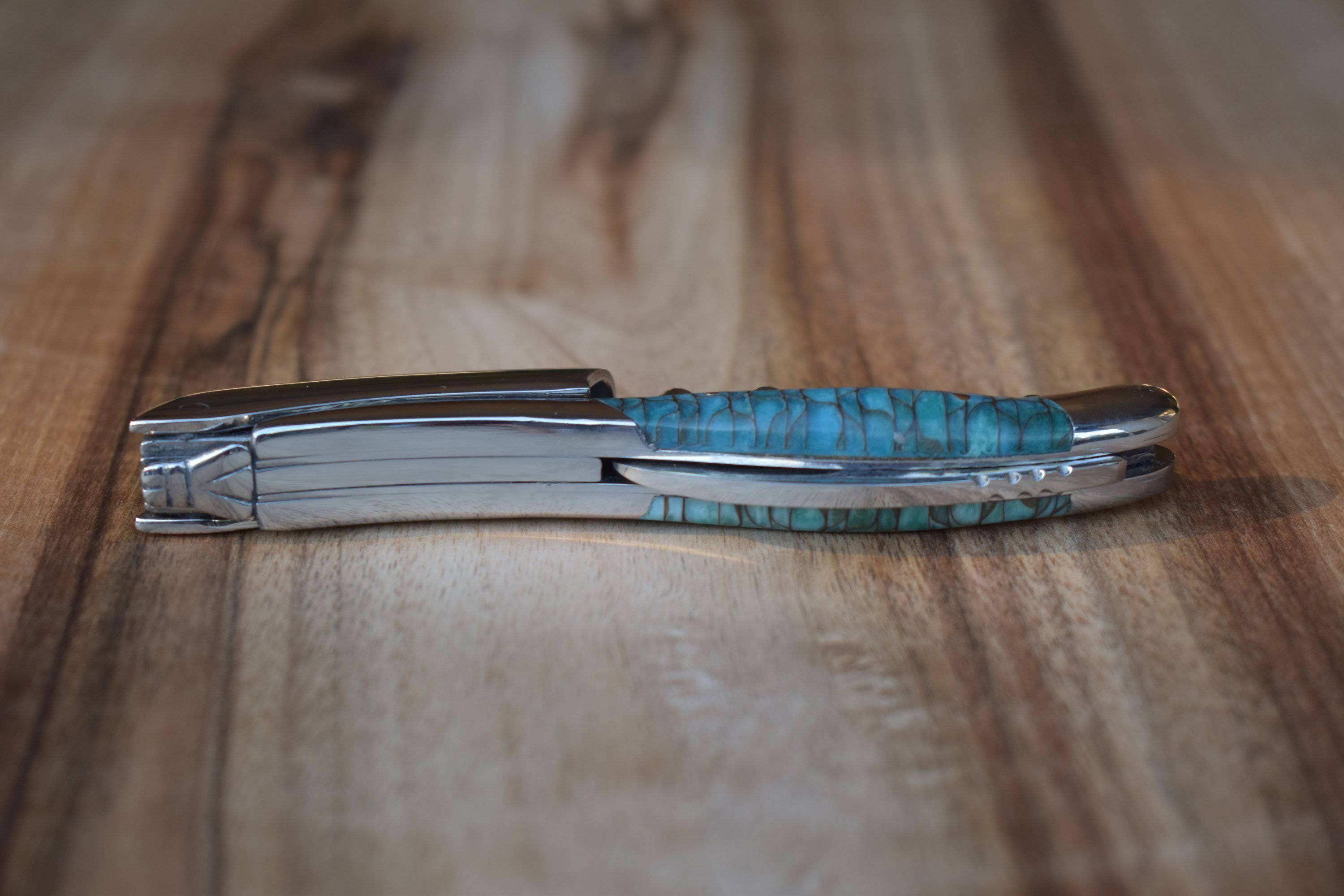 Handcrafted Sommelier Waiter's Corkscrew with Turquoise And Black Paper Waves Handle by Laguiole en Aubrac