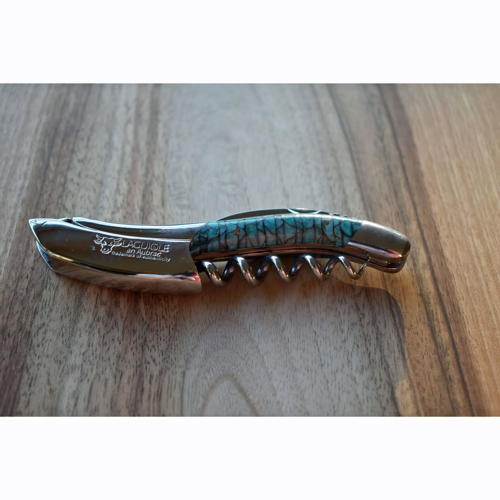 Handcrafted Sommelier Waiter's Corkscrew with Turquoise And Black Paper Waves Handle by Laguiole en Aubrac