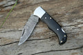 Custom Damascus Folding Knife – 7” Buffalo Horn Handle with Steel Bolster & Leather Sheath