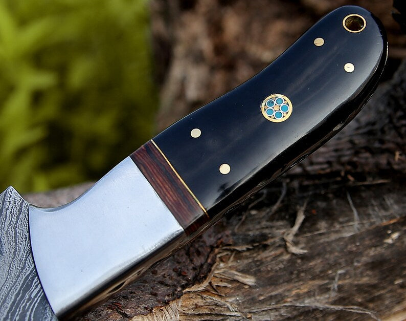 Custom handmade Damascus hunting knife with rosewood and buffalo horn handle, steel bolster, 9-inch blade, and leather sheath.