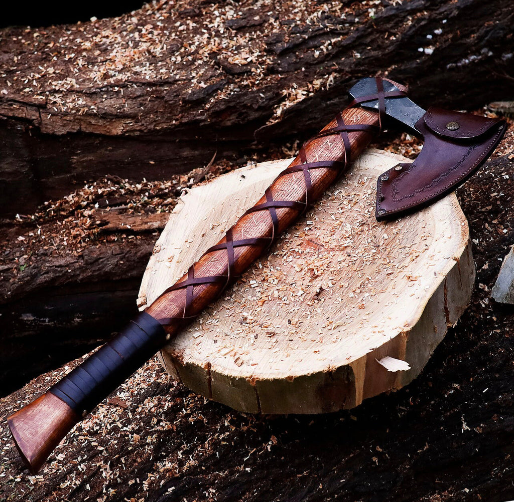 Viking axe with rosewood handle, forged larp axe for Halloween, camping, or Viking costume, by Knives Gear Garage.