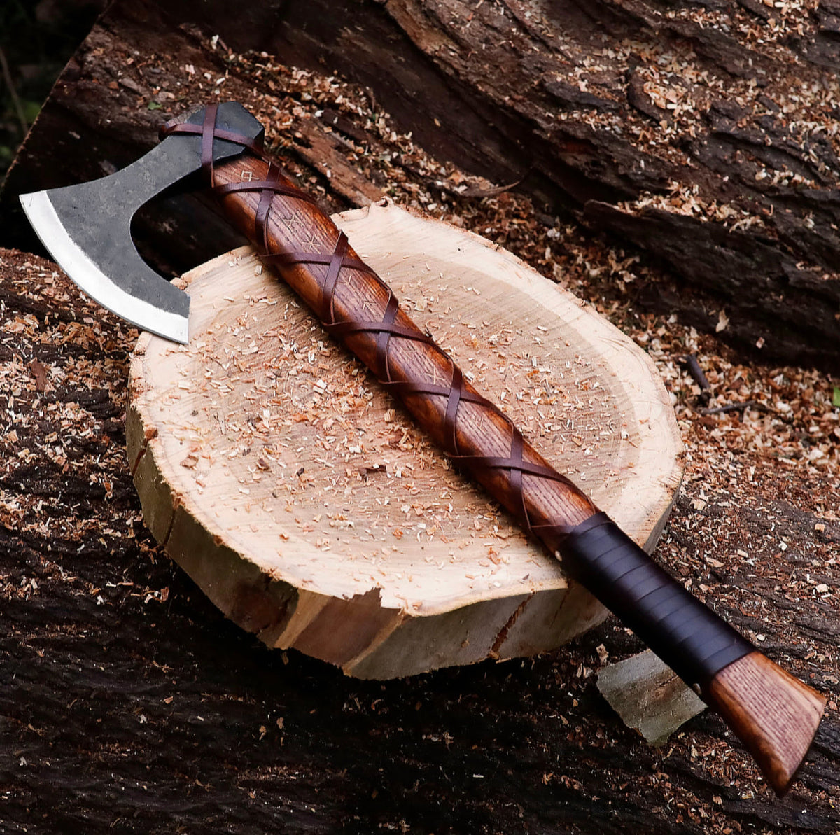 Viking Ragnar axe with forged blade and rosewood handle, ideal for LARP, camping, Halloween, or Viking-themed gift displays.