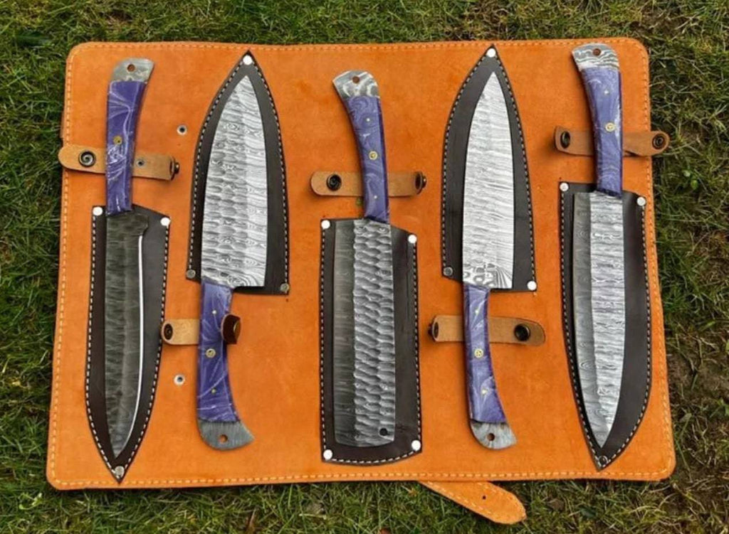 Damascus Steel Fixed Blade Kitchen Set by cskforged, hand-forged knives with intricate Damascus pattern on handles and blades.