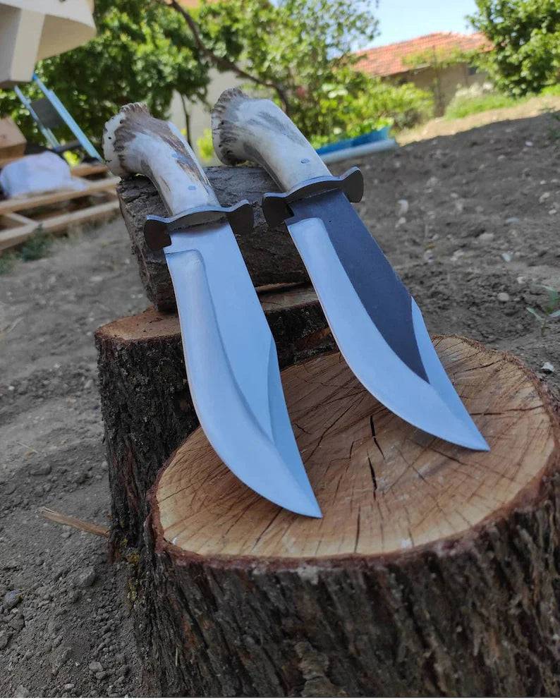 Handmade forged steel deer horn handle Bowie knife by Knives Gear Garage with custom forged handle and personalized style.