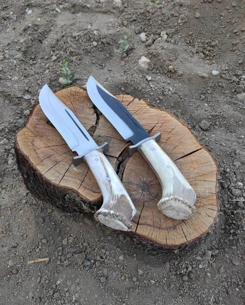 Handmade forged steel deer horn handle Bowie knife with custom style and personalized engraving, crafted by Knives Gear Garage.