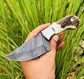 Handmade deer skinning knife with 7.5” Damascus steel blade, stag horn handle, brass bolster, and leather sheath by Knives Gear Garage.