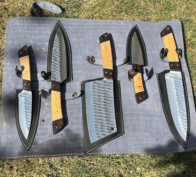 Hand forged J2 steel fixed blade XL kitchen knife from Knives Gear Garage, showing a close-up of the blade and handle details.