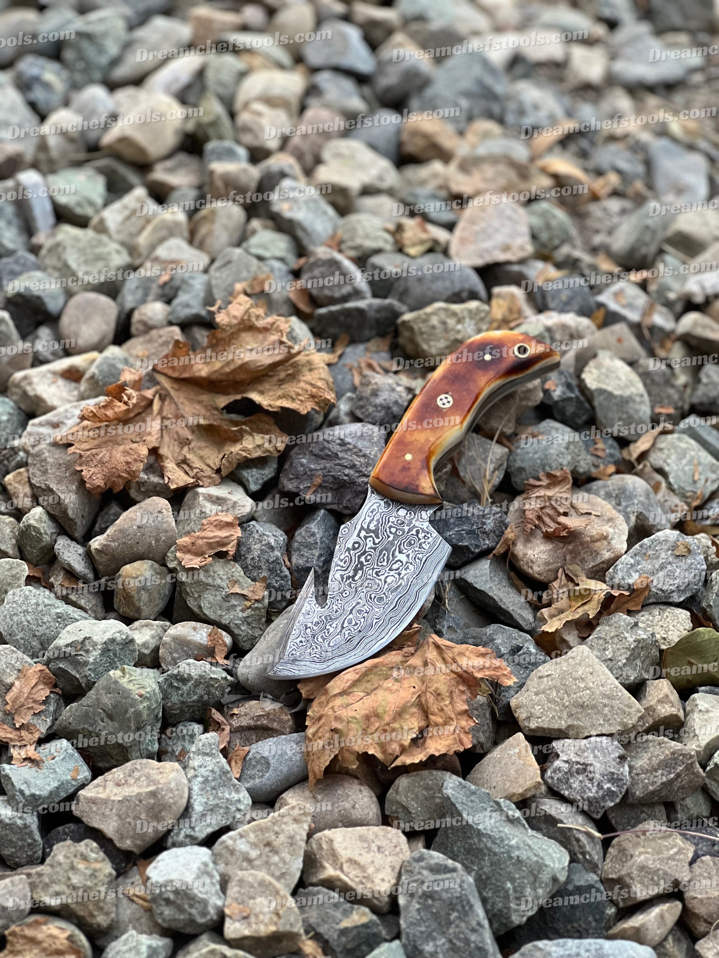 Custom Handmade Damascus Steel Guthook Skinning Knife with Camel Bone Handle – 8” Hunting Blade