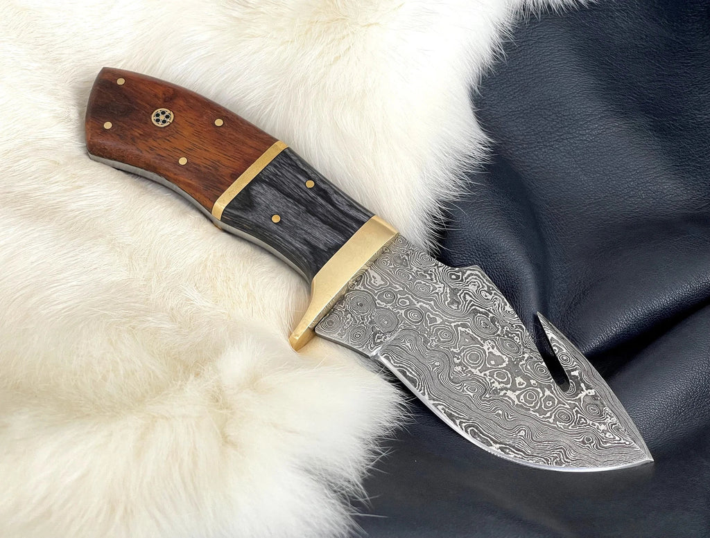 Damascus Steel Full Tang Knife, Gut Hook,