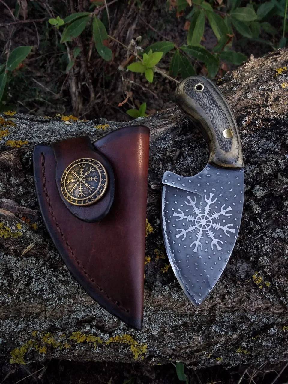 Handmade Viking fixed blade skinning knife by cskforged with a sharp, durable blade and leather handle for outdoor use