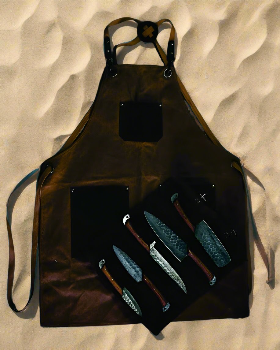 Custom handmade Damascus kitchen knives set with rosewood handles and leather roll kit from Knives Gear Garage