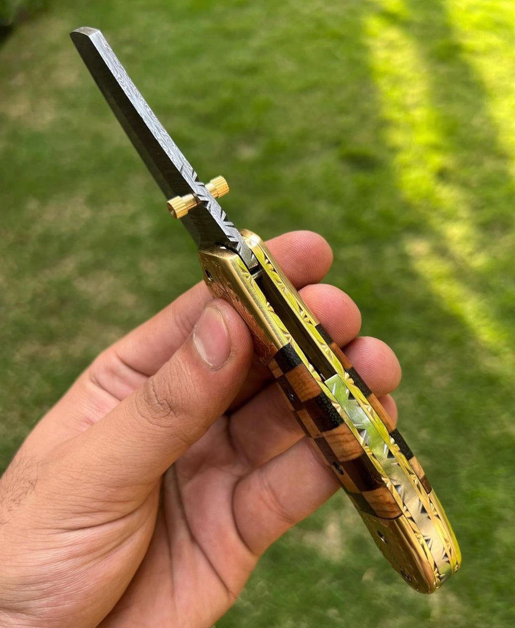 Custom handmade Damascus steel Tanto blade EDC folding pocket knife by cskforged, showing the intricate blade pattern and handle details.