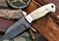 Damascus hunting knife with a textured blade and wooden handle, designed for outdoor and hunting use by Knives Gear Garage.