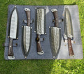 Hand forged Damascus steel chef knives set by Knives Gear Garage with intricate layered blades and ergonomic handles.