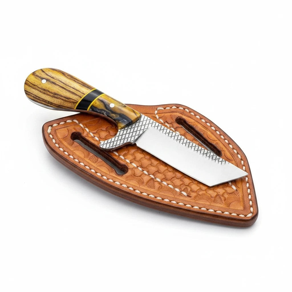 The Iron Maverick – Custom Handmade Rasp Steel Ranch Knife with Olivewood & Black Resin Handle & Leather Sheath