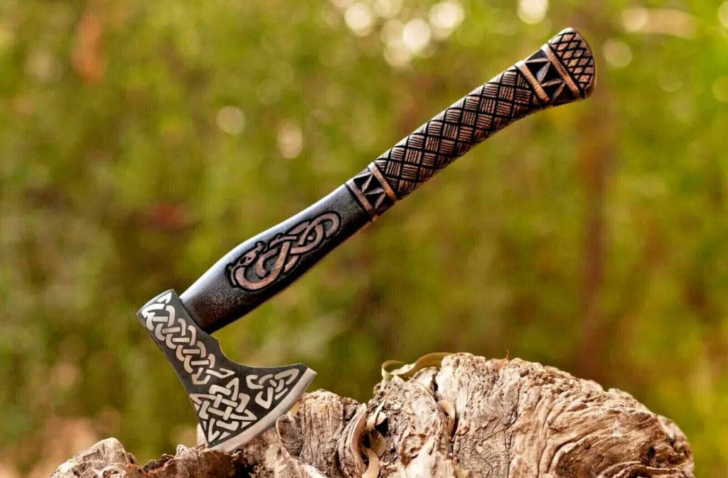 Handmade Viking axe with wooden handle and metal blade, crafted by Knives Gear Garage.