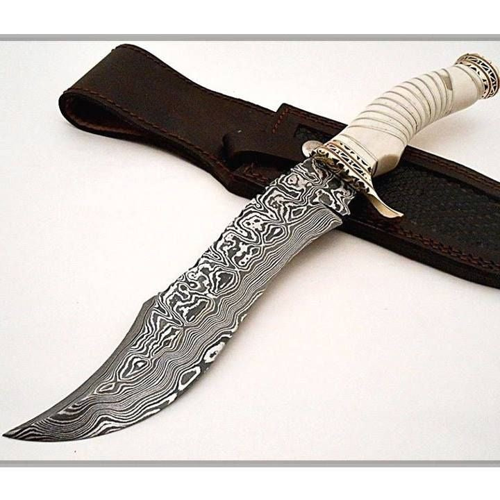 Custom Handmade Damascus Hunting Bowie Knife – Brass Guard, Camel Bone Handle, Premium Leather Sheath