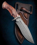 Custom handmade D2 steel Bowie knife with rosewood handle, steel guard, and leather sheath from Knives Gear Garage.