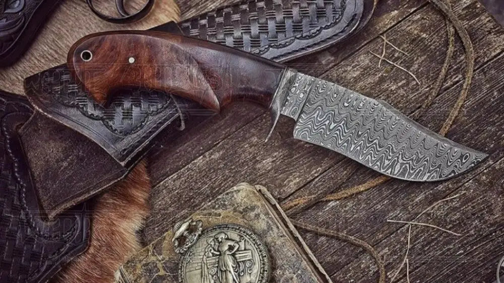 Handmade hunting bushcraft knife with Damascus steel blade, walnut handle, 10-inch survival EDC knife by Knives Gear Garage