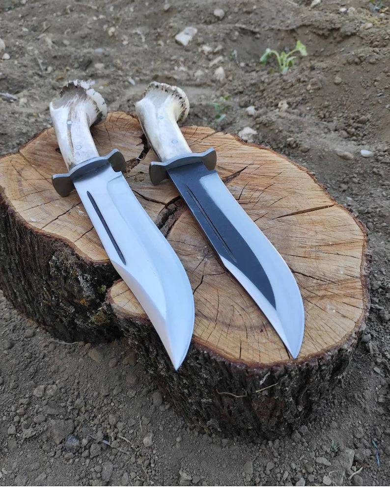 Handmade forged steel Bowie knife with deer horn handle by Knives Gear Garage, featuring a custom, personalized design and forged handle.