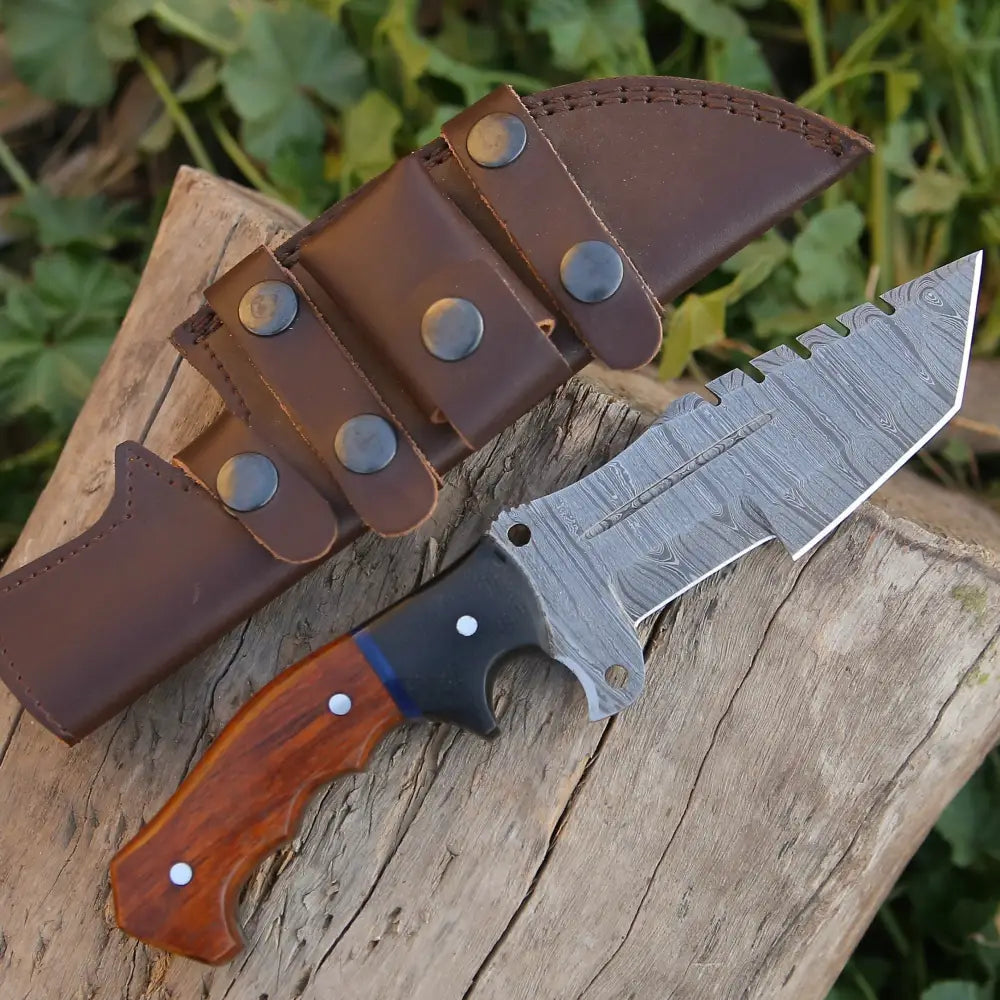 Custom Handmade Damascus Tracker Knife - Rosewood & Black Handle, 10" Blade with Leather Sheath