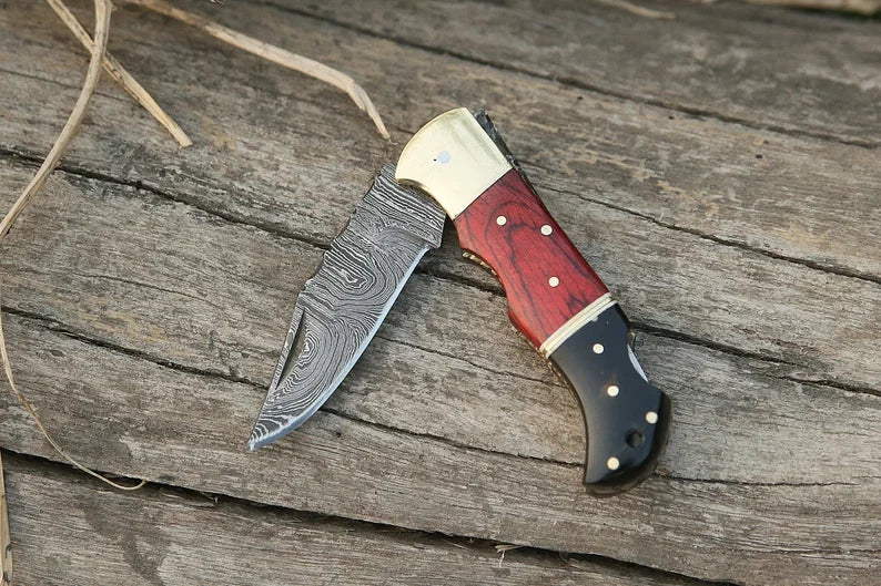 Custom Handmade Cowboy Pocket Knife – 7” Damascus Steel Blade with Buffalo Horn or Pakka Wood Handle, Brass Bolster & Leather Sheath