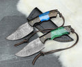 Handmade Damascus steel hunting knife with full tang, personalized gift for camping, birthday, or dad, by Knives Gear Garage.