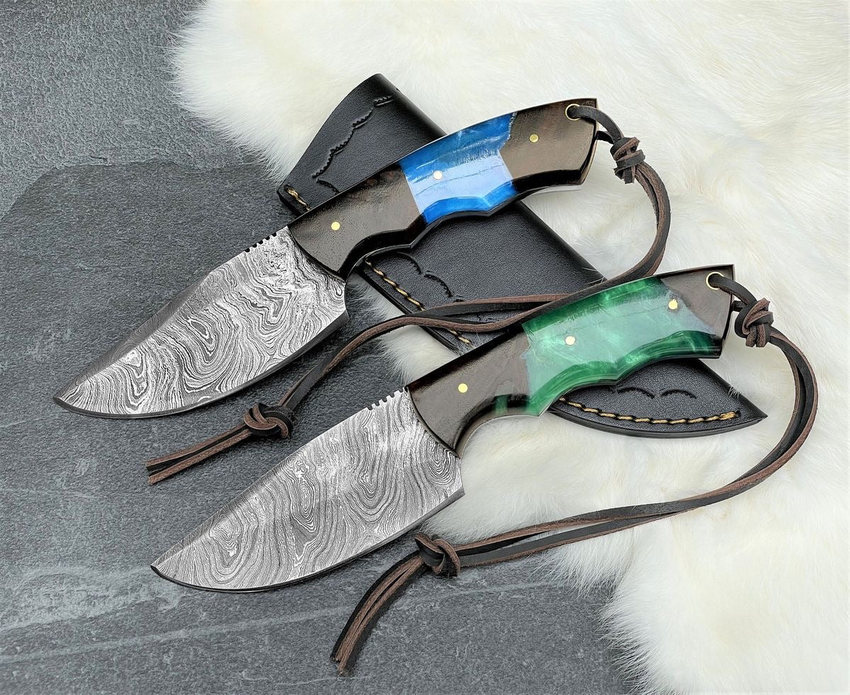 Handmade Damascus steel hunting knife with full tang, personalized gift for camping, birthday, or dad, by Knives Gear Garage.
